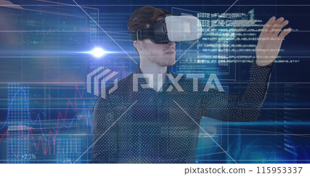 Image of caucasian businessman in vr headset using touchscreen with diverse data Image of caucasian businessman in vr headset using touchscreen with diverse data 115953337