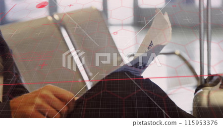 Image of data processing over caucasian businessman with newspaper Image of data processing over caucasian businessman with newspaper 115953376