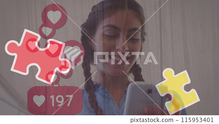 Image of colourful puzzle pieces and globe with hands over business people using digital devices Image of colourful puzzle pieces and globe with hands over business people using digital devices 115953401