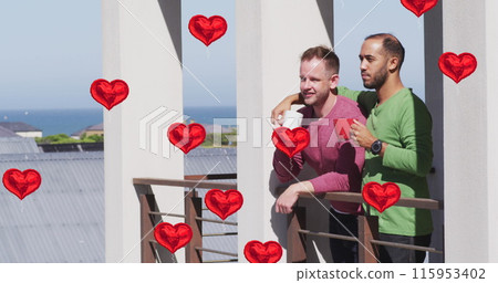 Image of heart icons over diverse gay couple embracing Image of heart icons over diverse gay couple embracing 115953402