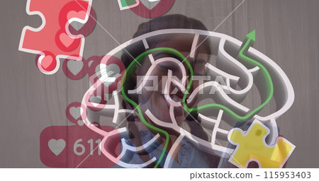 Image of colourful puzzle pieces and globe with hands over business people using digital devices Image of colourful puzzle pieces and globe with hands over business people using digital devices 115953403
