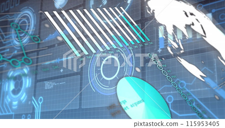 Image of digital interface with scan scoping over dark background Image of digital interface with scan scoping over dark background 115953405