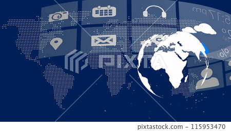 Image of media icons and globe on gray background 115953470