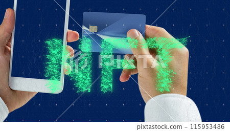 Image of nft over caucasian woman with smartphone and and credit card 115953486