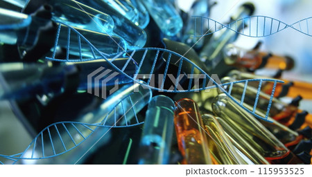 Multiple dna structures spinning against multiple test tubes in centrifuge spinning at laboratory Multiple dna structures spinning against multiple test tubes in centrifuge spinning at laboratory 115953525