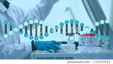 Dna structure spinning against mid section of male scientist putting test tubes in a machine 115953553