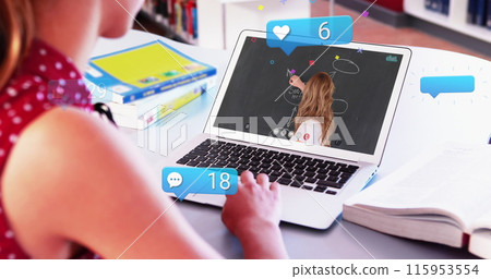 Image of media icons over caucasian woman having laptop image call with teacher 115953554