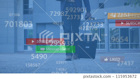 Social media counter, notifications over low section of african american man walking with suitcase Social media counter, notifications over low section of african american man walking with suitcase 115953672