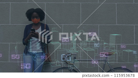 Image of graphical rotating skyscrapers and 5g text over african american woman using cellphone Image of graphical rotating skyscrapers and 5g text over african american woman using cellphone 115953678
