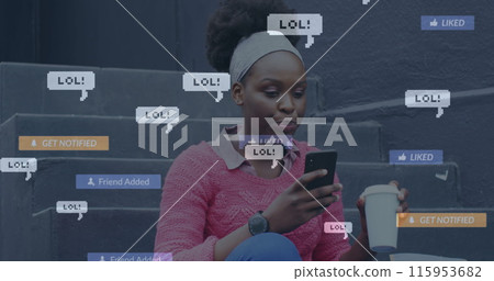 Image of social media notifications and lol message over african american woman using cellphone Image of social media notifications and lol message over african american woman using cellphone 115953682