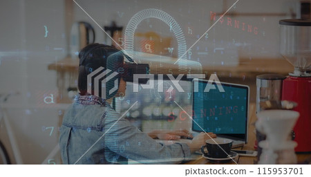 Image of data processing over padlock and biracial woman using vr headset and laptop Image of data processing over padlock and biracial woman using vr headset and laptop 115953701