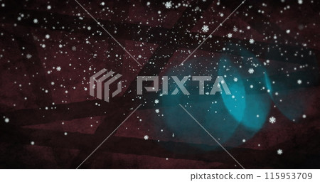 Digital image of blue lens flare and snowflakes falling against lines 115953709