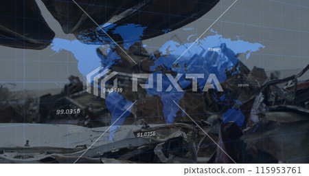 Image of network of connections over data processing and digital shield 115953761
