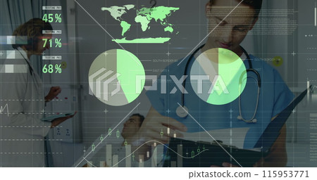 Image of data processing over caucasian female doctor and male nurse with patient talking Image of data processing over caucasian female doctor and male nurse with patient talking 115953771