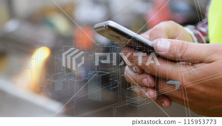 Image of data over hands of caucasian man using smartphone Image of data over hands of caucasian man using smartphone 115953773