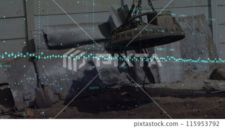 Image of data processing over magnetic crane operating at junkyard Image of data processing over magnetic crane operating at junkyard 115953792