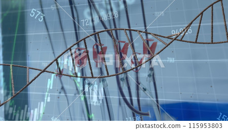 Dna structure spinning and financial data processing against close up of laboratory equipment 115953803