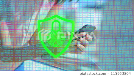 Image of number and digital padlock over hands of asian woman using smartphone Image of number and digital padlock over hands of asian woman using smartphone 115953804