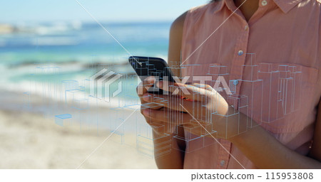 Image of qr code, digital lines with skyscrapers over caucasian woman using phone at beach Image of qr code, digital lines with skyscrapers over caucasian woman using phone at beach 115953808