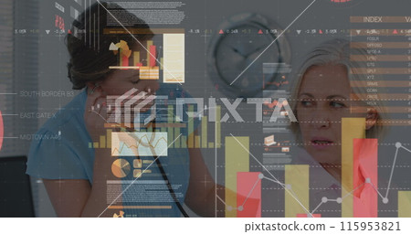 Image of data processing over caucasian female nurse with patient talking 115953821