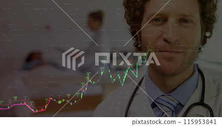 Image of data processing over caucasian male doctor with patient Image of data processing over caucasian male doctor with patient 115953841