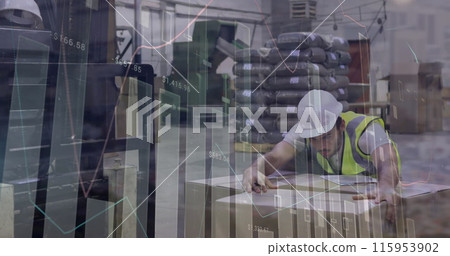 Image of statistical data processing over caucasian male worker packing boxes at warehouse Image of statistical data processing over caucasian male worker packing boxes at warehouse 115953902