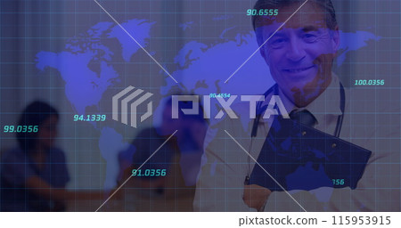 Image of world map and numbers over caucasian senior doctor making notes 115953915