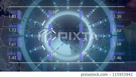 Image of diverse data clock and globe spinning over world map Image of diverse data clock and globe spinning over world map 115953942
