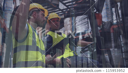 Image of data processing over two caucasian male workers checking stock at warehouse 115953952