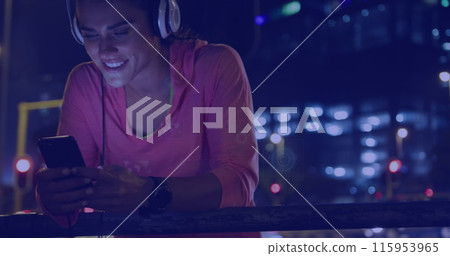 Image of digital screens with data over caucasian female woman in headphones and smartphone 115953965