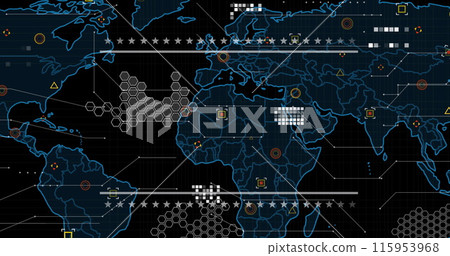 Image of world map and icons on black background 115953968