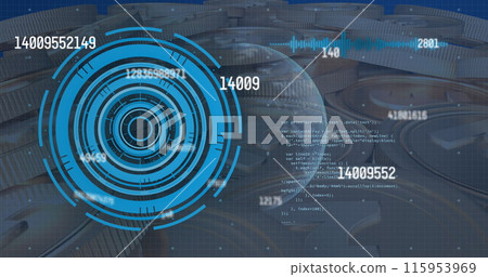 Image of processing circle, globe, graphs and numbers on digital screen 115953969