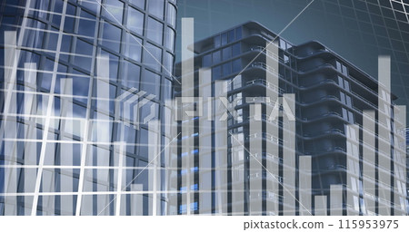 Digital image of statistical data processing against tall buildings 115953975