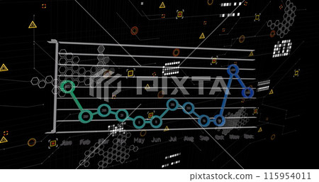 Image of graphs and icons on black background 115954011