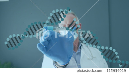 Image of dna strands over caucasian male doctor wearing face mask holding tube with vaccine 115954019