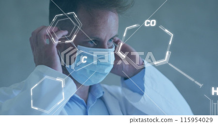Image of chemical formula over caucasian male doctor wearing face mask Image of chemical formula over caucasian male doctor wearing face mask 115954029