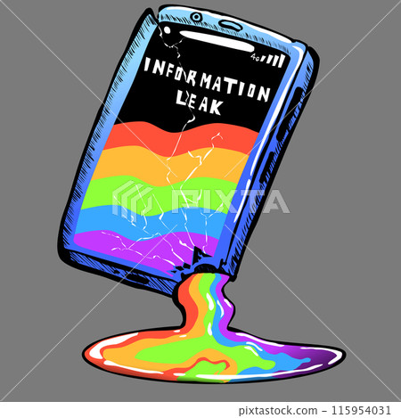 Data leakage from a smartphone in the form of a rainbow floating out through a hole at the bottom of the gadget. Vector illustration a smartphone with cracks in the glass is broken but the display 115954031