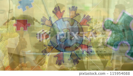 Image of globe with hands text over diverse schoolchildren Image of globe with hands text over diverse schoolchildren 115954088