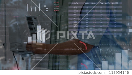Image of data processing over mid section of health worker checking blood pressure of patient Image of data processing over mid section of health worker checking blood pressure of patient 115954146
