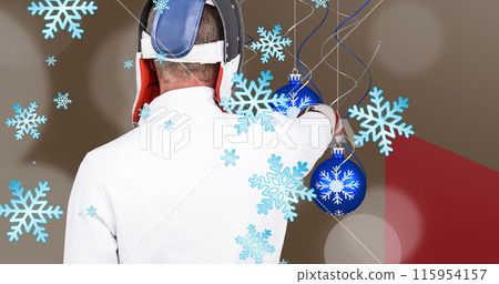Image of caucasian man and baubles over snow falling Image of caucasian man and baubles over snow falling 115954157