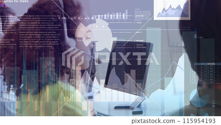 Image of statistical data processing over biracial woman wearing phone headset smiling at office 115954193
