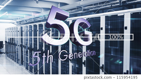 Image of 5g text, mathematical equations and data processing over computer servers 115954195