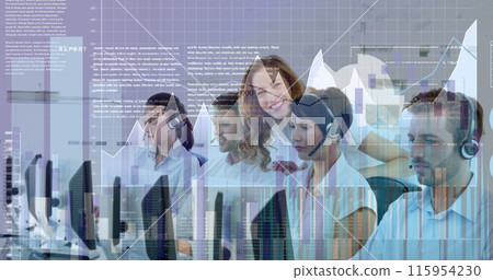 Image of statistical data processing over diverse customer care executives working at office Image of statistical data processing over diverse customer care executives working at office 115954230