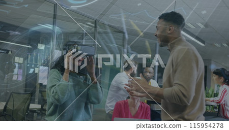 Image of statistical data processing over biracial woman wearing vr headset at office 115954278