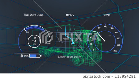 Image of speedometer over 3d model of a truck moving against blue background 115954281