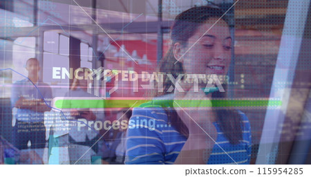 Image of data processing over woman using smartphone while looking at car Image of data processing over woman using smartphone while looking at car 115954285