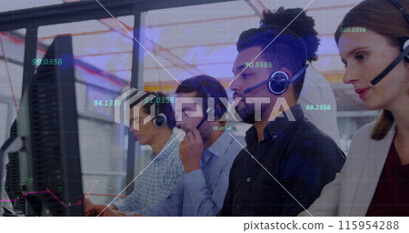 Image of financial data processing over diverse customer care executives working at office Image of financial data processing over diverse customer care executives working at office 115954288