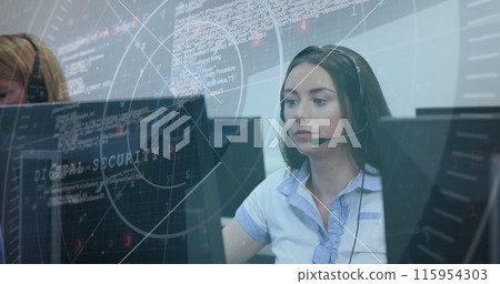 Image of data processing over caucasian woman talking on phone headset at office 115954303