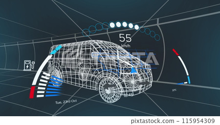 Image of speedometer over 3d model of a van moving against blue background Image of speedometer over 3d model of a van moving against blue background 115954309