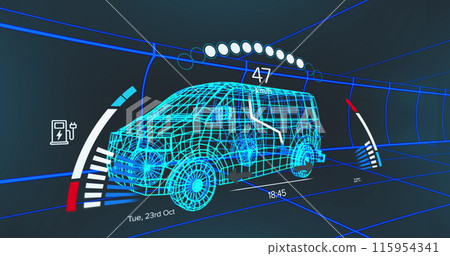 Image of speedometer over 3d model of a van moving against blue background 115954341